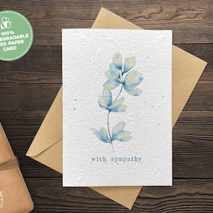 Plantable Sympathy Card, Blue Leaf Seed Paper Condolence Greeting Card, Seeded Card, Eco Friendly Handmade Sustainable Seed Card & Envelope