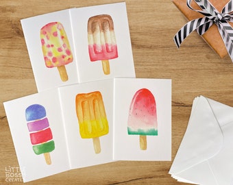 Ice Cream Cards Watercolour Greeting Card Set, Pack of 5 Original Artwork Note Cards with Blank Envelopes, Blank Inner, A6 Size