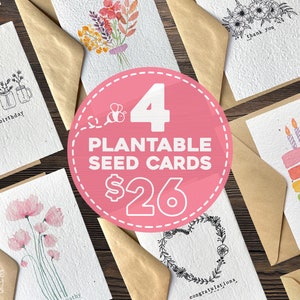 Set of 4 Plantable Seed Cards, Greeting Card Bundle, Seeded Greeting Card Pack with Envelopes, Sustainable Handmade Blank Seed Paper Cards
