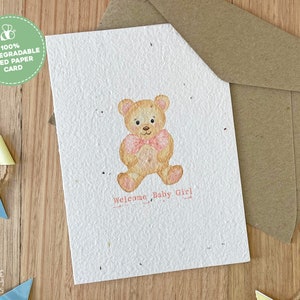 Welcome Baby Girl Plantable Seed Card, Handmade New Baby Girl Card, Watercolour Teddy Bear Baby Card, Eco-Friendly Plantable New Baby Card