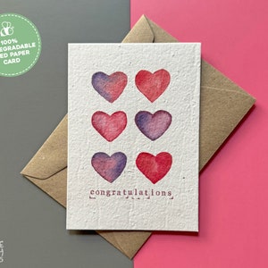 Congratulations Plantable Seed Card, Plantable Wedding Card Watercolour Hearts, Congratulations Engagement Plantable Card, Seed Paper Cards