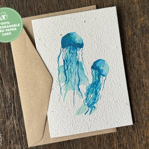 Plantable Seed Paper Card, Jellyfish Watercolour Card, Blank Plantable Seed Paper Card, Eco Friendly Seeded Greeting Card and Envelope