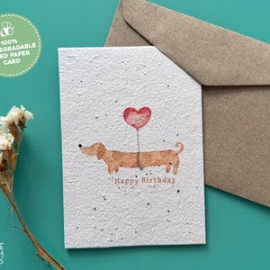 Plantable Happy Birthday Card Sausage Dog, Handmade Cards, Plantable Cards Seed Paper Birthday Card, Eco-Friendly Handmade Birthday Cards