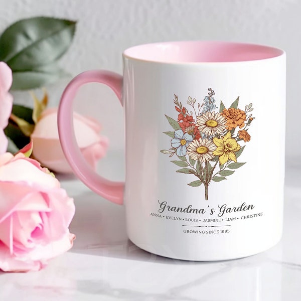 Personalized Birth Flower Mug Mom Gift, Custom Grandma's Garden Coffee Cup with Name, Mother's Day Gift for Grandma, Unique Mom Coffee Mug