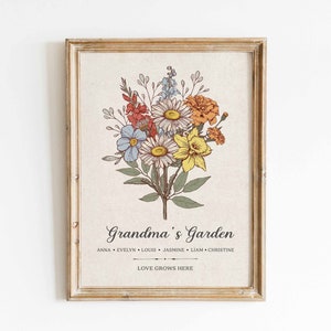 Personalized Gift For Grandma, Custom Grandma's Birth Month Flower Garden Poster Wall Art, Mom Birthday Gift, Christmas Mother's Day Gift image 1