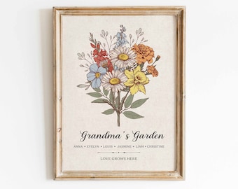 Personalized Gift For Grandma, Custom Grandma's Birth Month Flower Garden Poster Wall Art, Mom Birthday Gift, Christmas Mother's Day Gift