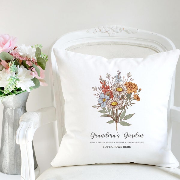 Custom Grandma's Garden Pillow, Personalized Birth flower Pillow, Grandmas Garden Pillow with Grandkids, Gift for Grandma, Mother's Day Gift