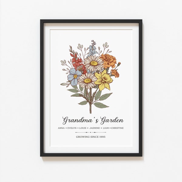 Digital Birth Flower Family Grandma's Mom's Garden, Birth Month Flower Art Print, Personalized Gift, Digital Download, Mother's Day Gift