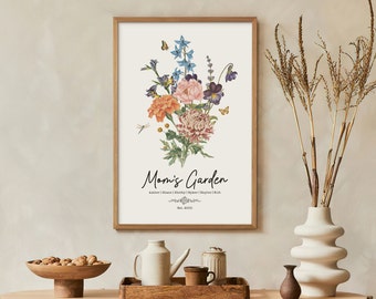 Custom Grandma's Birth Month Flower Garden Poster, Watercolour Birth Flower Wall Art, Mom Birthday Gift, Personalized Gift Mother's Day