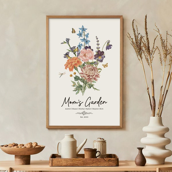 Custom Grandma's Birth Month Flower Garden Poster, Watercolour Birth Flower Wall Art, Mom Birthday Gift, Personalized Gift Mother's Day