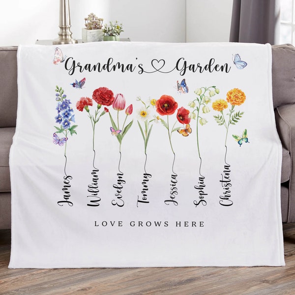 Custom Mom's Garden Blanket, Grandma Garden Blanket with Kids Name, Christmas Gift, Birthday Gift For Her