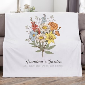 Custom Grandma's Garden Blanket, Personalized Birthflower Blanket, Grandmas Garden Blanket and Throws with Grandkids