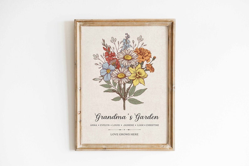 Personalized Gift For Grandma, Custom Grandma's Birth Month Flower Garden Poster Wall Art, Mom Birthday Gift, Christmas Mother's Day Gift image 1