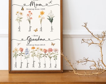 First Mom Now Grandma Gift, Mother Day Gift, Mom Gift, Mum Birthday Gift, Custom Birth Month Flowers First Mom Now Grandma Garden Print