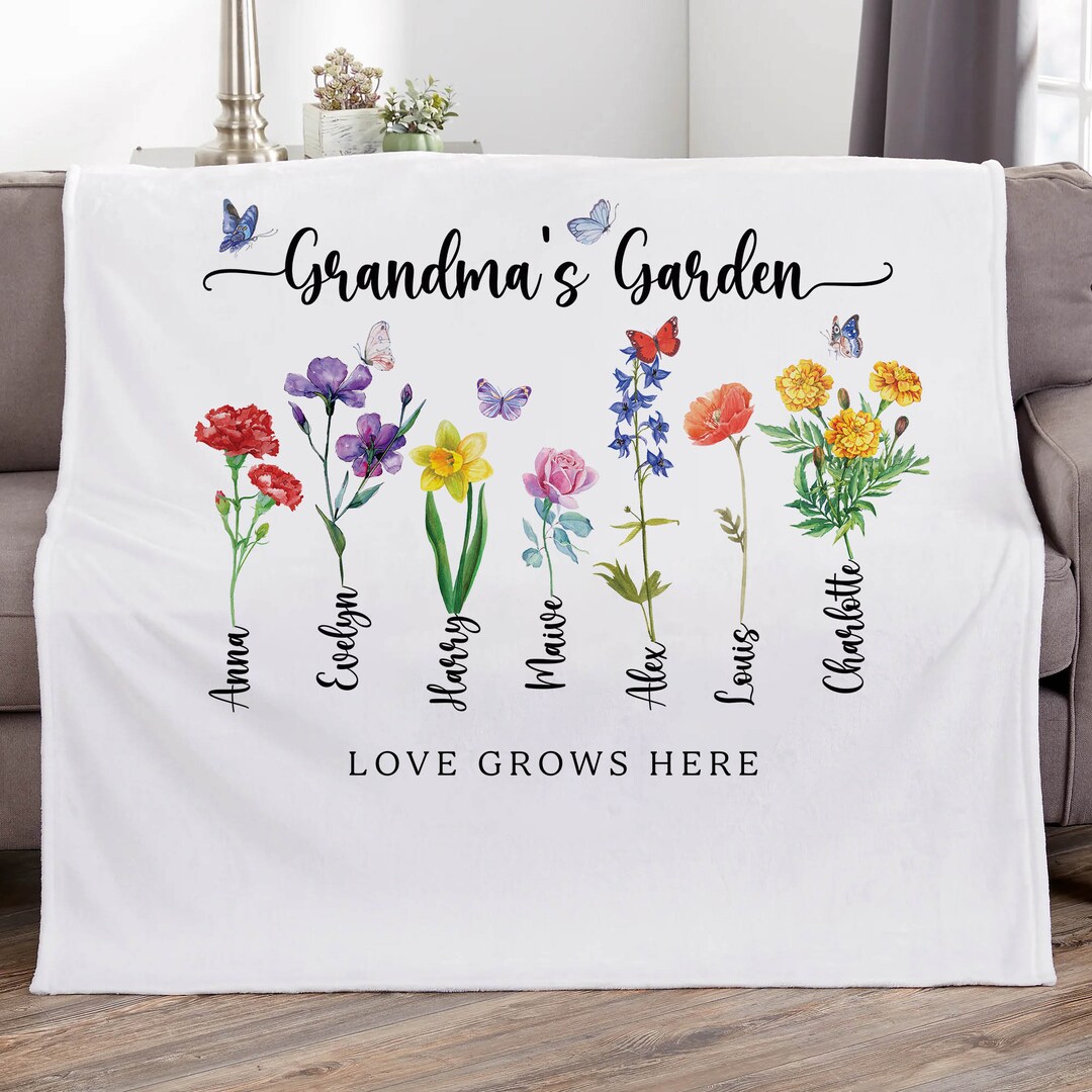 Custom Grandma's Garden Blanket, Personalized Birthflower Blanket