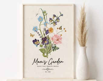 Custom Grandma's Birth Month Flower Garden Poster, Watercolour Birth Flower Wall Art, Mom Birthday Gift, Personalized Gift Mother's Day