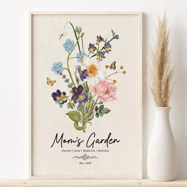 Custom Grandma's Birth Month Flower Garden Poster, Watercolour Birth Flower Wall Art, Mom Birthday Gift, Personalized Gift Mother's Day