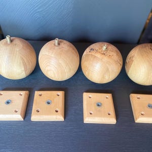 Set of 4 Oak Wood Ball Legs with Wood Mounting Blocks - Easy to Install, Mounting Hardware Included - Custom and Bulk Orders Available