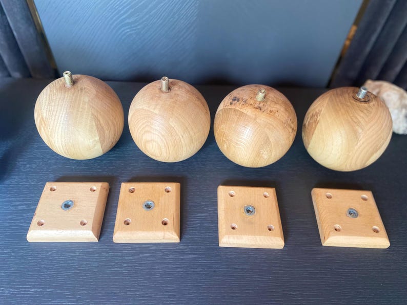 Set of 4 Oak Wood Ball Legs with Wood Mounting Blocks - Easy to Install, Mounting Hardware Included - Custom and Bulk Orders Available