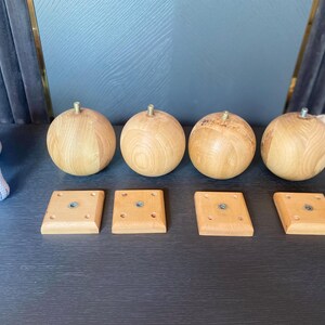 Set of 4 Oak Wood Ball Legs with Wood Mounting Blocks - Easy to Install, Mounting Hardware Included - Custom and Bulk Orders Available