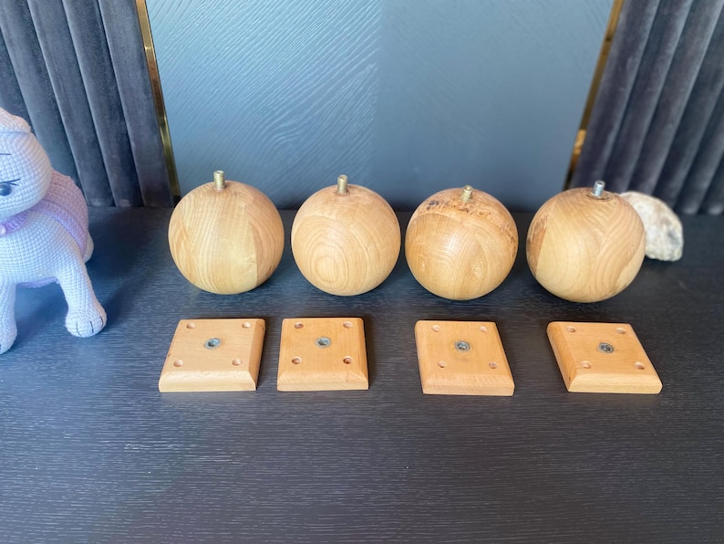 Set of 4 Oak Wood Ball Legs with Wood Mounting Blocks - Easy to Install, Mounting Hardware Included - Custom and Bulk Orders Available