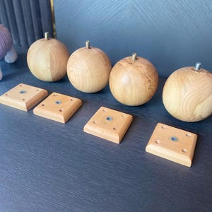 Set of 4 Oak Wood Ball Legs with Wood Mounting Blocks - Easy to Install, Mounting Hardware Included - Custom and Bulk Orders Available