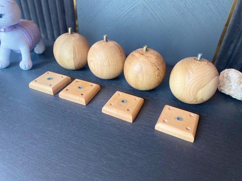 Set of 4 Oak Wood Ball Legs with Wood Mounting Blocks - Easy to Install, Mounting Hardware Included - Custom and Bulk Orders Available