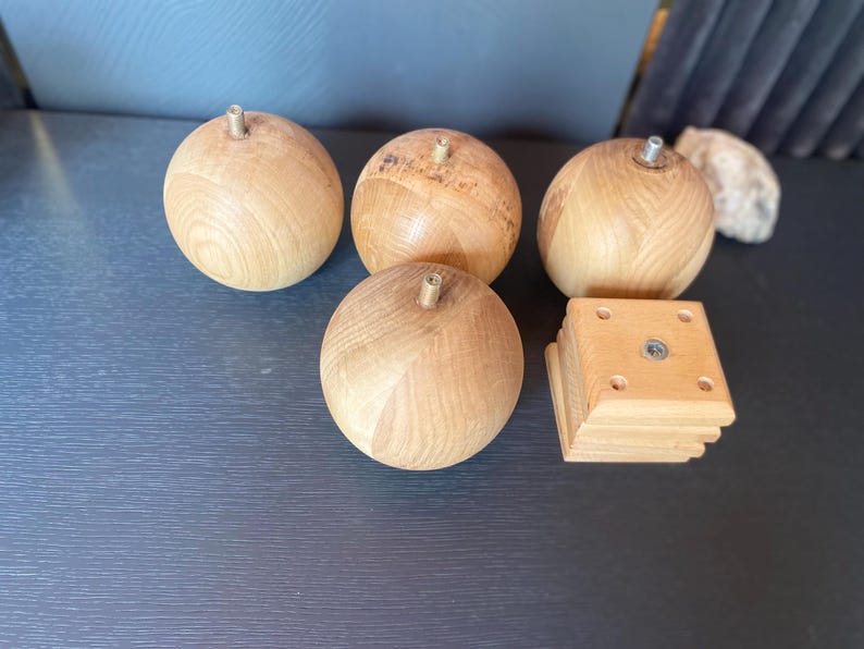 Set of 4 Oak Wood Ball Legs with Wood Mounting Blocks - Easy to Install, Mounting Hardware Included - Custom and Bulk Orders Available