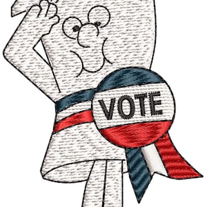 以下が含まれることがあります： 赤、白、青のVOTEボタンが付いた白い漫画のキャラクター。キャラクターは赤、白、青のリボンをしています。