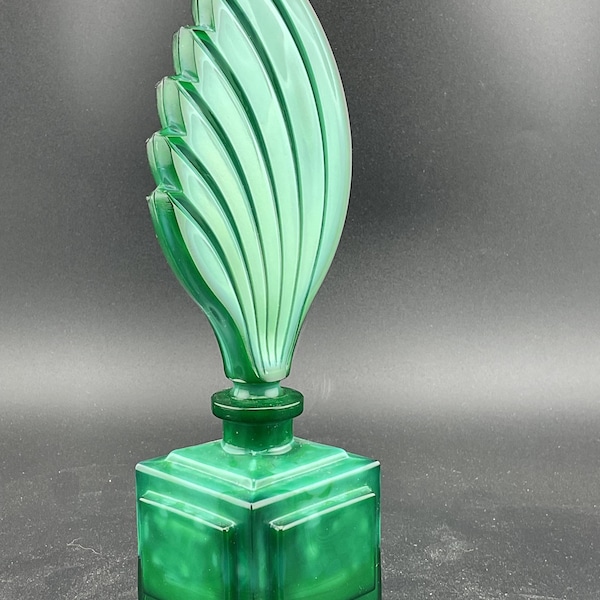 Vintage czech Bohemian malachite glass art deco style  perfume bottle 053112