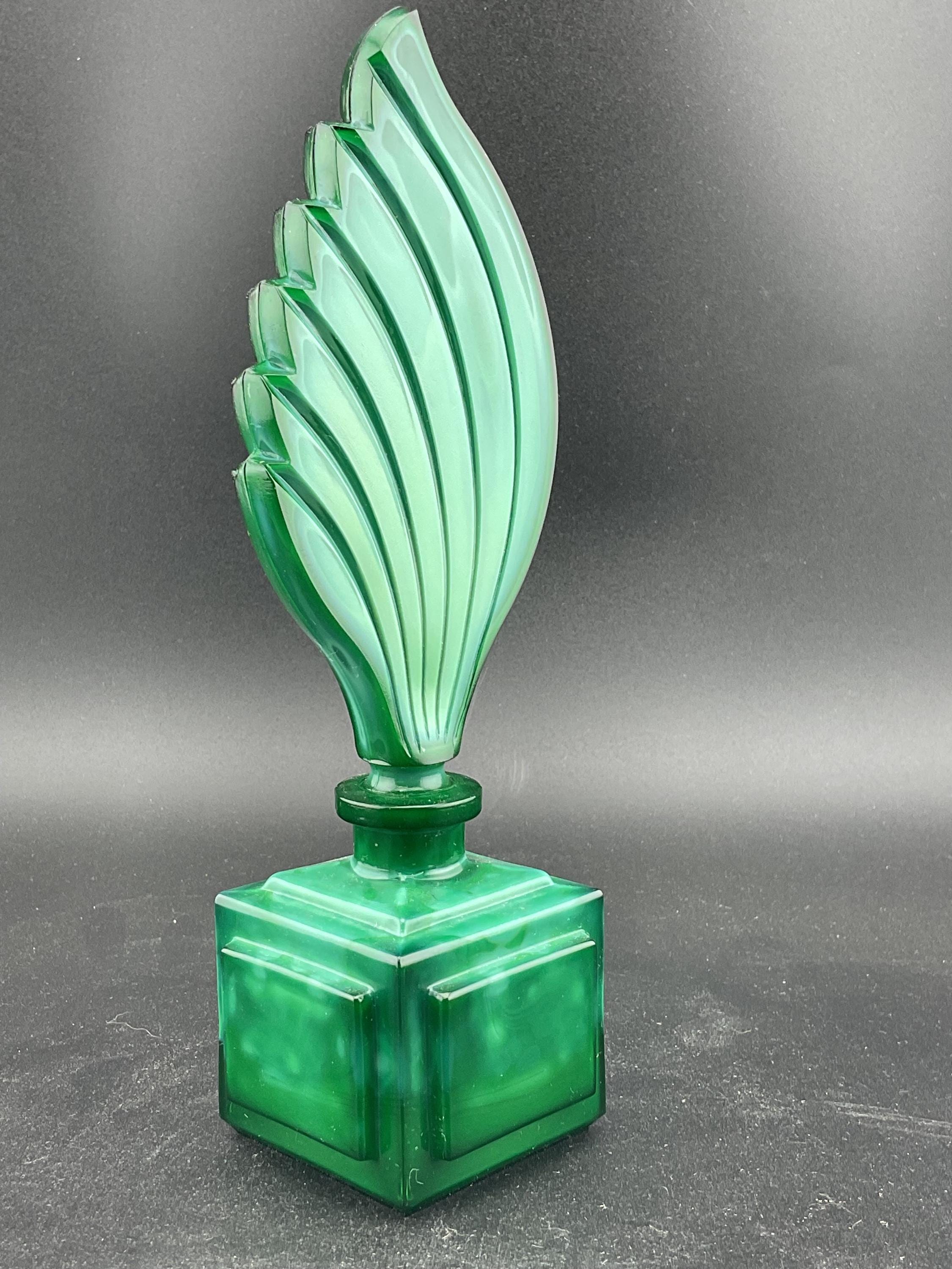 Vintage czech Bohemian malachite glass art deco style  perfume bottle 053112