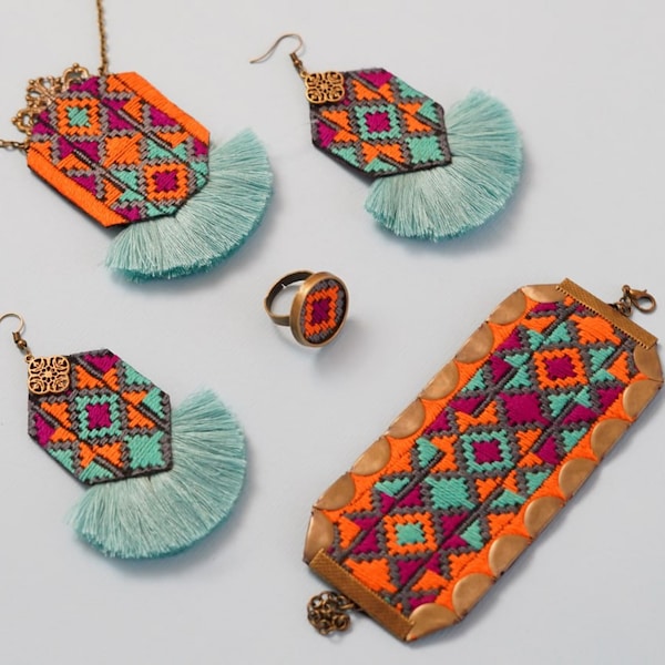 Handmade Balochi Embrioderied needlework jewellery set , Perdian Afghan Earrings Necklace Bracelet Ring, Bohemian Jewelry