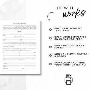 May include: A black and white printable last will and testament template with instructions on how to use the template. The instructions include purchasing the template, opening it in Canva, editing the colors, text, and fonts, adding photos and logos, and downloading and printing the document.