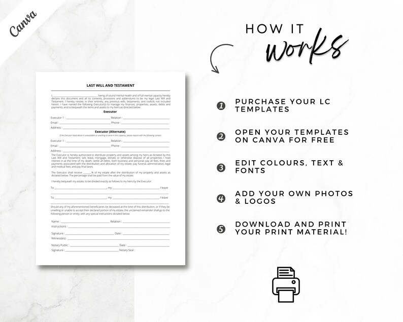 May include: A black and white printable last will and testament template with instructions on how to use the template. The instructions include purchasing the template, opening it in Canva, editing the colors, text, and fonts, adding photos and logos, and downloading and printing the document.