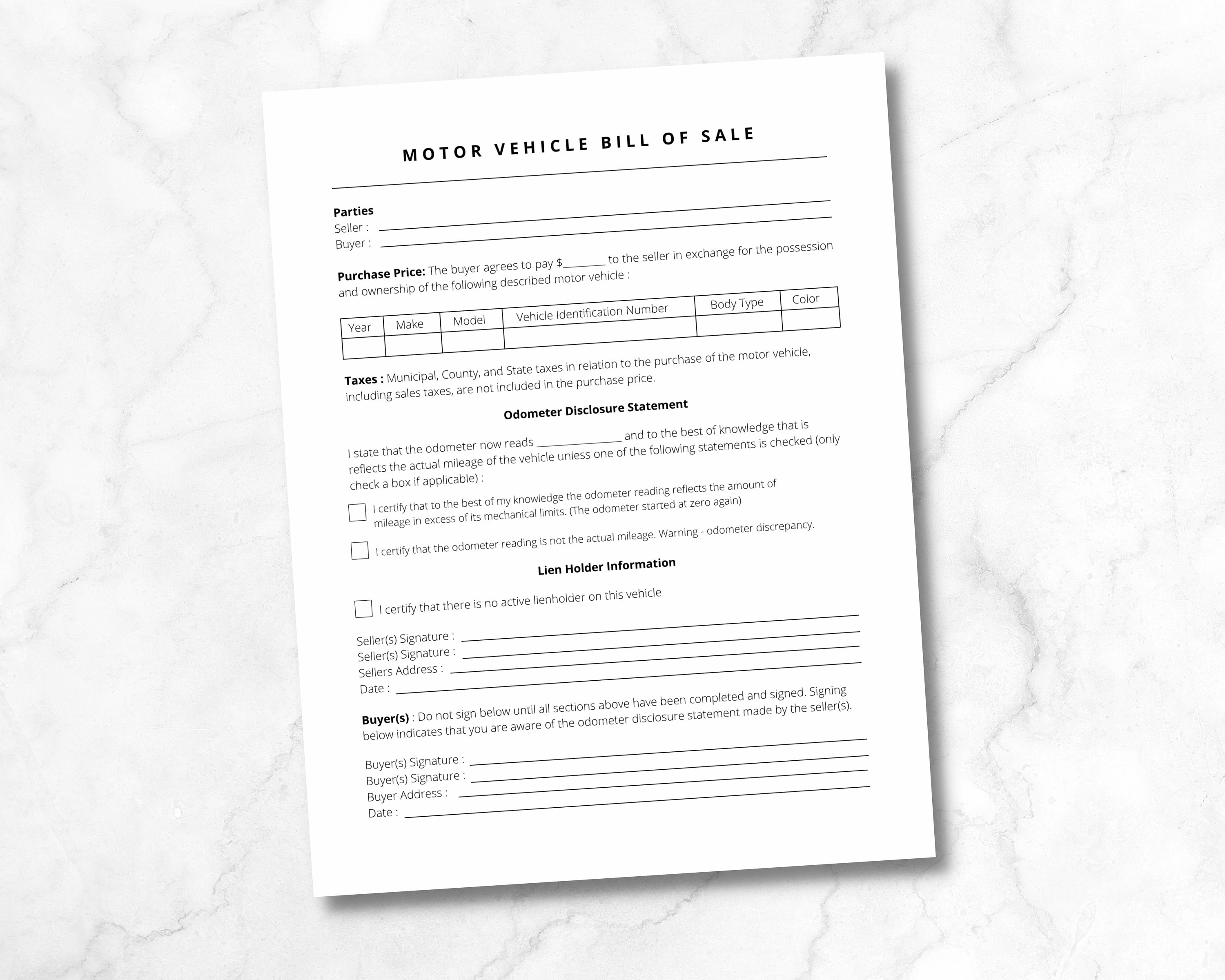 Motor Vehicle Bill of Sale, Motor Vehicle Form, Vehicle Bill of Sale