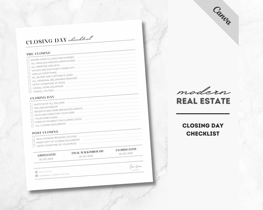 Real Estate Closing Day Checklist, Real Estate Marketing, Closing Day