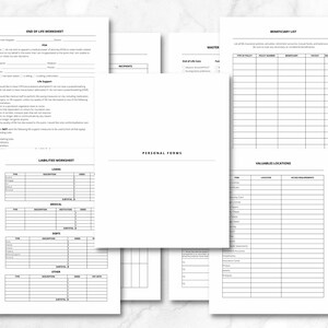 May include: A black and white printable worksheet with the title "End of Life Worksheet". The worksheet includes sections for medical information, legal documents, and personal preferences. There are also worksheets for liabilities, valuables, and beneficiary lists.