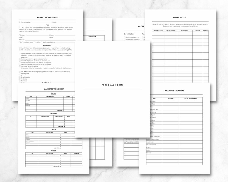 May include: A black and white printable worksheet with the title "End of Life Worksheet". The worksheet includes sections for medical information, legal documents, and personal preferences. There are also worksheets for liabilities, valuables, and beneficiary lists.