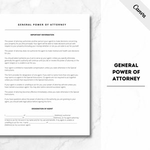 May include: A black and white printable general power of attorney form with the title "General Power of Attorney" at the top of the page. The form includes important information about the power of attorney and a designation of agent section.