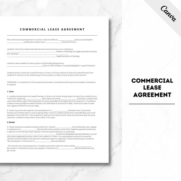 Contrat de bail commercial, contrat de location de propriété commerciale, fichier PDF, téléchargement immédiat, modèle de bail commercial, location commerciale