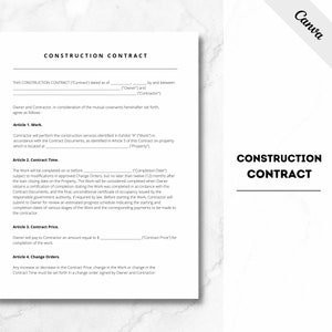 Construction Contract, Construction Template, Handyman, Contract Template, Contractor agreement, Construction PDF, Construction Template
