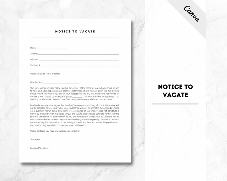 Notice to Vacate, Eviction Notice, Notice to Quit by Landlord, Notice to Vacate by Tenant, PDF