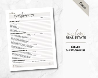 May include: A black and white seller questionnaire for real estate. The questionnaire includes sections for seller contact, property information, financial information, and property viewings.