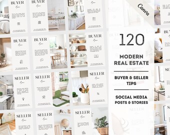 Puede incluir: Un collage de 120 consejos modernos para compradores y vendedores de bienes raíces para publicaciones y historias en redes sociales. Los consejos se muestran en tarjetas blancas con un diseño minimalista y presentan imágenes de casas e interiores.