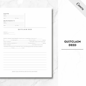 Pode incluir: Um formulário de escritura de renúncia em branco com o título "Quitclaim Deed" no topo da página. O formulário inclui campos para os nomes, endereços e descrições legais da propriedade do cedente e do cessionário.
