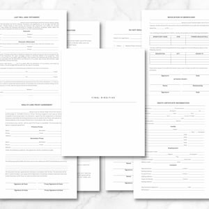 May include: A set of legal documents for end-of-life planning. The documents include a last will and testament, a healthcare proxy agreement, a final directive, a revocation of beneficiary form, and a death certificate information form.