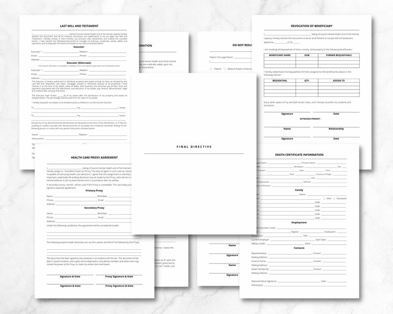 May include: A set of legal documents for end-of-life planning. The documents include a last will and testament, a healthcare proxy agreement, a final directive, a revocation of beneficiary form, and a death certificate information form.
