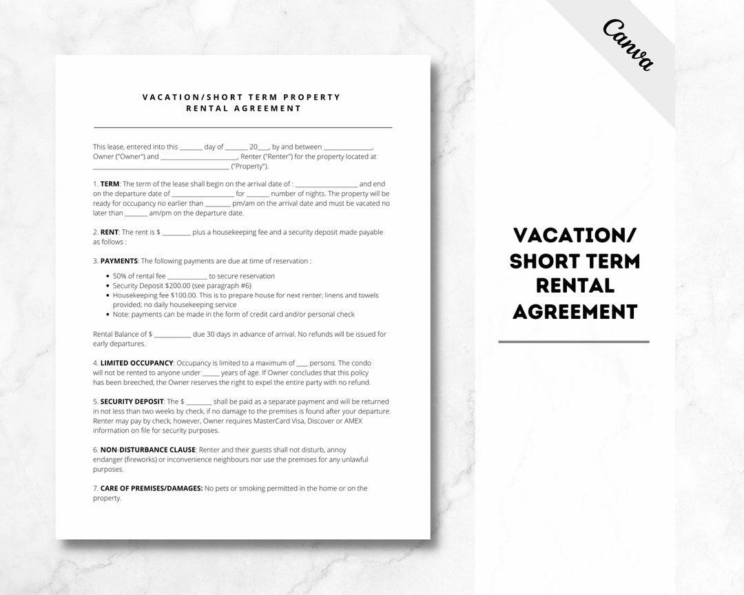 Short Term Rental Agreement Vacation Rental Agreement Rental Template