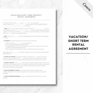 Short Term Rental Agreement, Vacation Rental Agreement, Rental Template, Vacation Rental Template, Short Term Rental Contract, Lease, PDF
