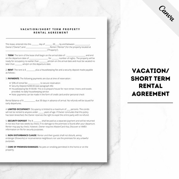 Short Term Rental Agreement, Vacation Rental Agreement, Rental Template, Vacation Rental Template, Short Term Rental Contract, Lease, PDF